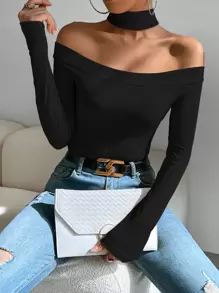 Chiquease Halter Neck Rib-Knit Tee Fall Cloth For Women - Black - View 6