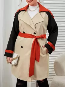 SHEIN Privé Plus Colourblock Raglan Sleeve Double Breasted Belted Trench Coat - Khaki - View 1