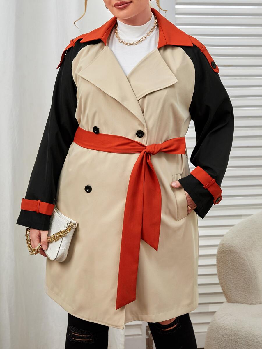 SHEIN Privé Plus Colourblock Raglan Sleeve Double Breasted Belted Trench Coat - Khaki - View 1
