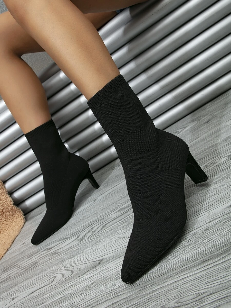Chunky Heeled Sock Boots - Black - View 1