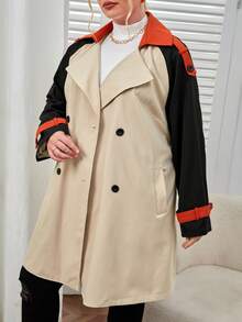 SHEIN Privé Plus Colourblock Raglan Sleeve Double Breasted Belted Trench Coat - Khaki - View 3
