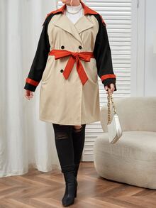 SHEIN Privé Plus Colourblock Raglan Sleeve Double Breasted Belted Trench Coat - Khaki - View 5