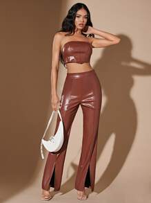 SHEIN BAE PU Leather Tube Top & Split Hem Trousers - Coffee Brown - View 1