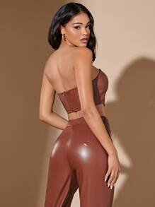 SHEIN BAE PU Leather Tube Top & Split Hem Trousers - Coffee Brown - View 2
