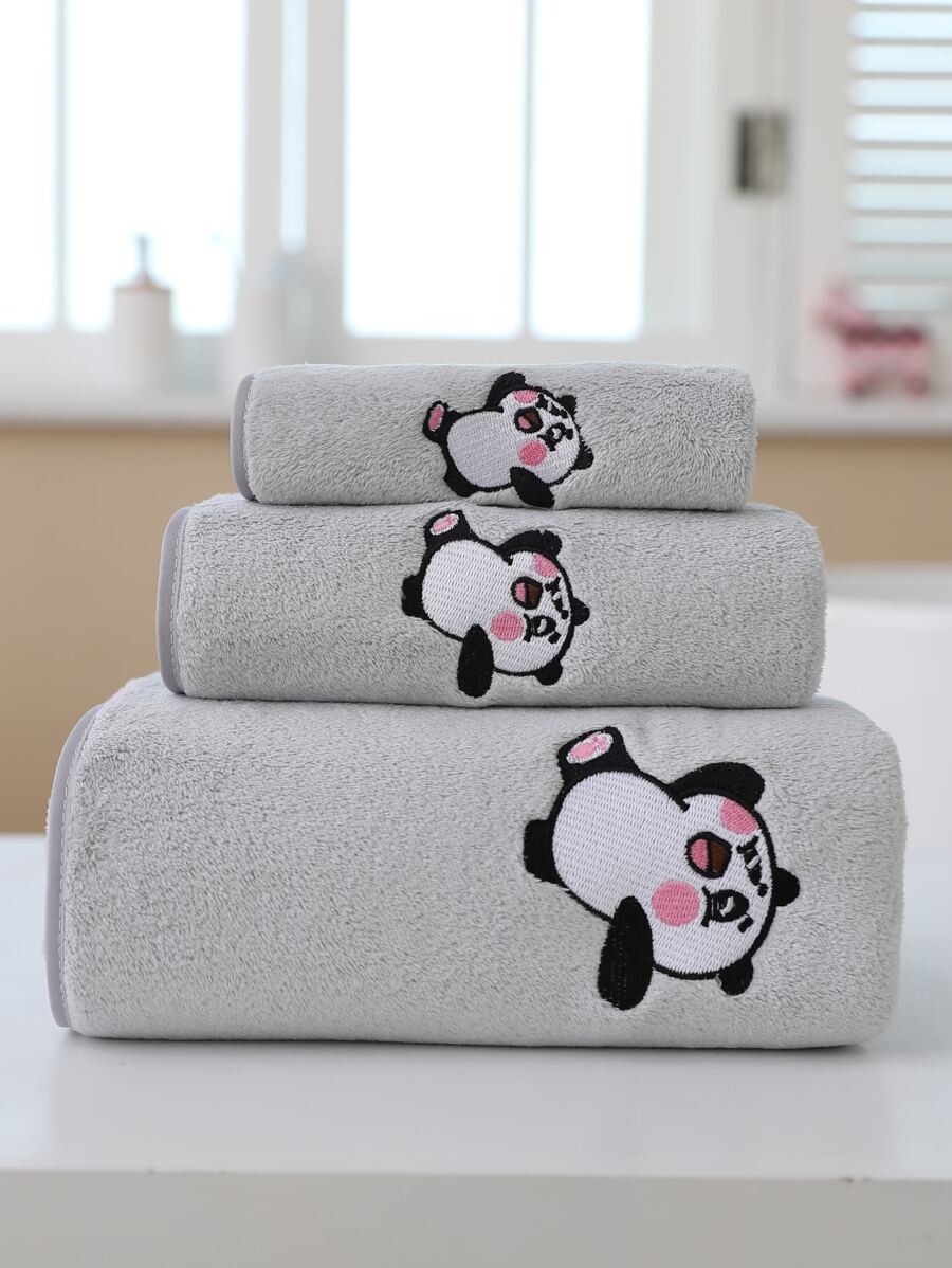 1入組貓熊刺繡毛巾 - 灰色 - 查看 1