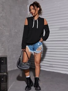 SHEIN ICON Heart Cut Out Back Rhinestone Detail Drawstring Hoodie Graduation,Back To School Outfits,Graduation,Teacher Outfits For Women,Back To School In Fall/Winter