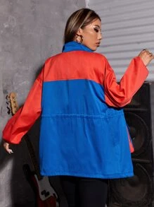 SHEIN Coolane Cazadora con parche de letra de color combinado de cintura con cordón - Azul - Ver 2