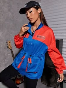 SHEIN Coolane Cazadora con parche de letra de color combinado de cintura con cordón - Azul - Ver 3