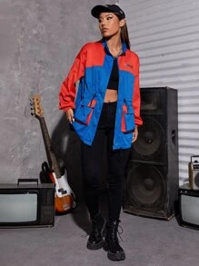 SHEIN Coolane Cazadora con parche de letra de color combinado de cintura con cordón - Azul - Ver 4