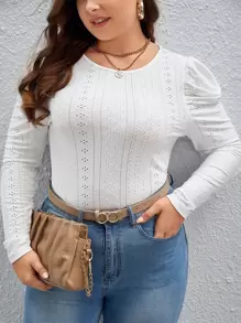 SHEIN Clasi 大碼網眼刺繡羊腿袖T恤 - 白色 - 查看 1