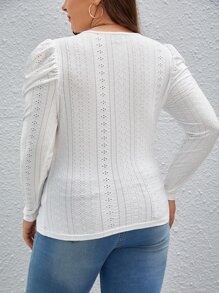 SHEIN Clasi 大碼網眼刺繡羊腿袖T恤 - 白色 - 查看 2