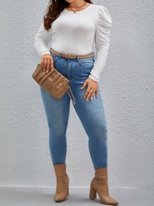 SHEIN Clasi 大碼網眼刺繡羊腿袖T恤 - 白色 - 查看 5