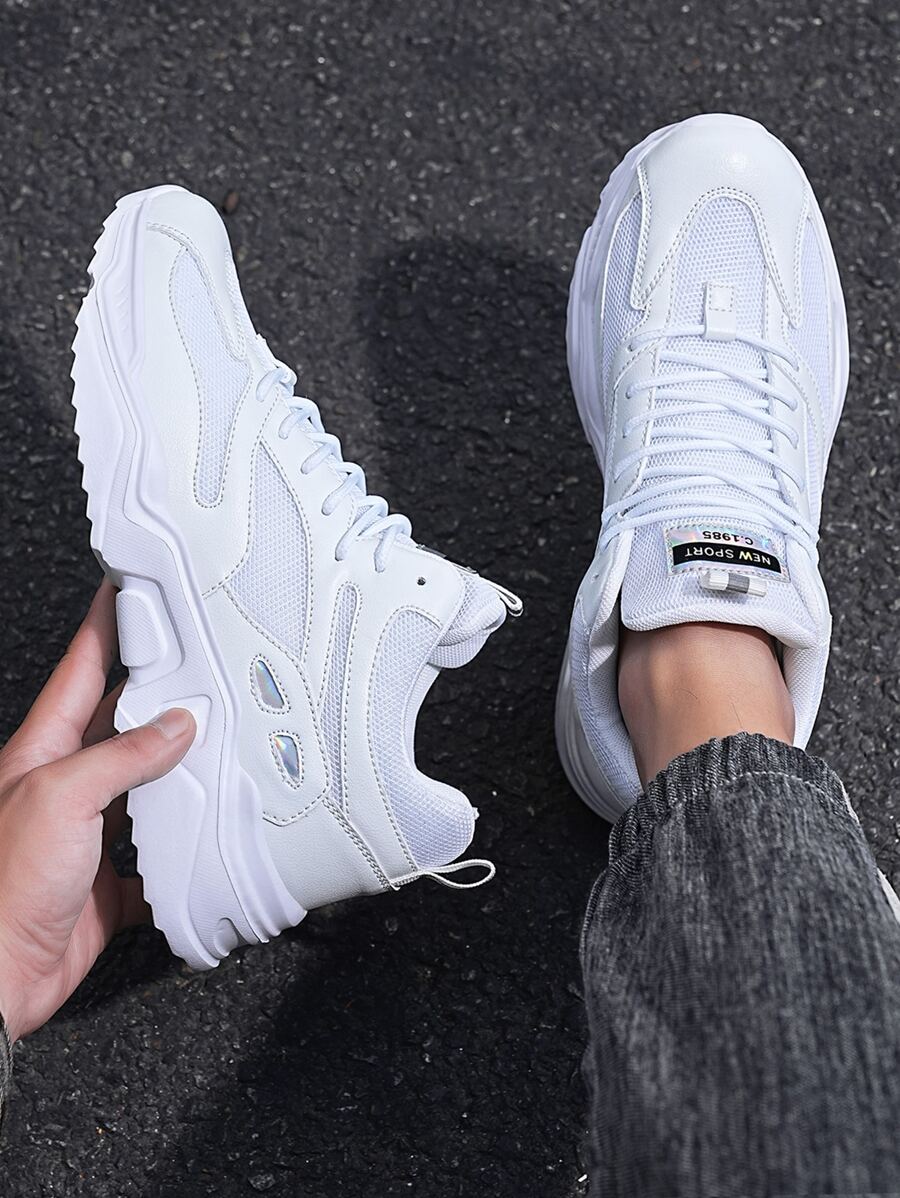 男士新款厚底网面透气字母鞋舌时尚舒适圆头系带休闲运动鞋，适合情侣、四季皆宜、百搭，老爹鞋，浅粉色鞋底