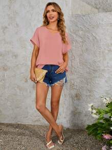 SHEIN VCAY Áo sơ mi nữ màu trơn Giải trí - Màu Hồng baby - Xem 5