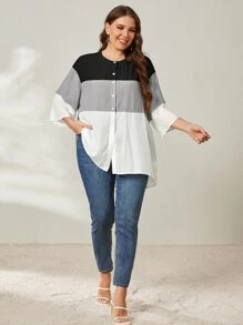 SHEIN LUNE 大碼撞色落肩袖襯衫 - 黑色 - 查看 1