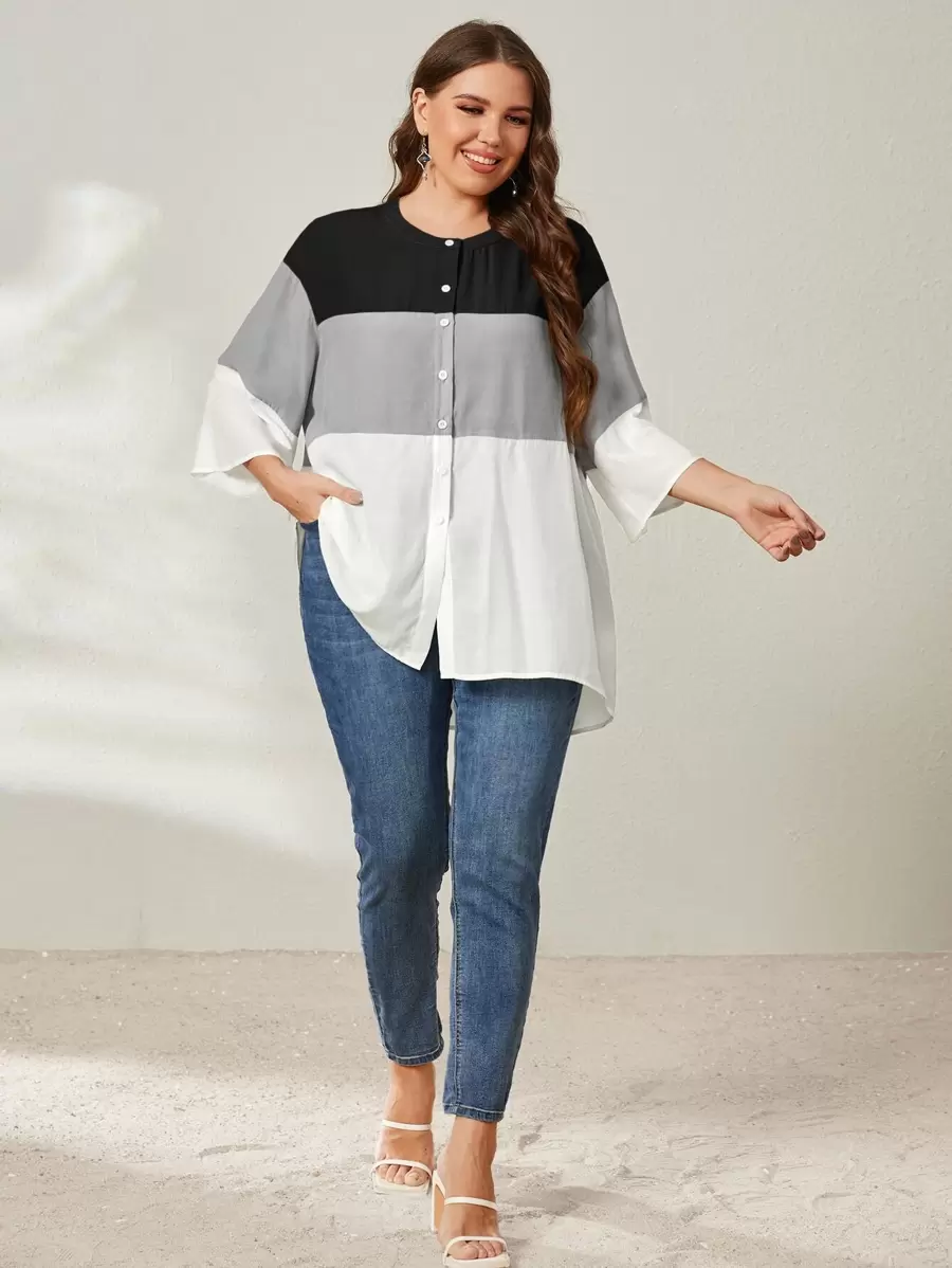 SHEIN LUNE 大碼撞色落肩袖襯衫 - 黑色 - 查看 1