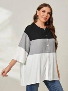 SHEIN LUNE 大碼撞色落肩袖襯衫 - 黑色 - 查看 4