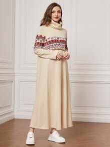 Mulvari Funnel Neck Geo Print Tee Dress - Apricot - View 4