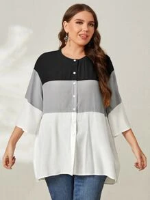 SHEIN LUNE 大碼撞色落肩袖襯衫 - 黑色 - 查看 5