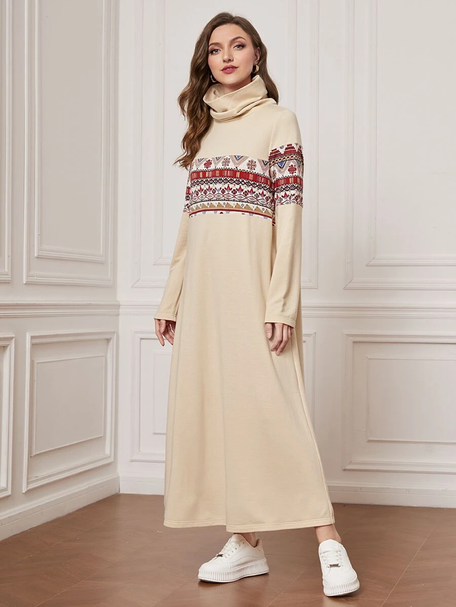 Mulvari Funnel Neck Geo Print Tee Dress - Apricot - View 1