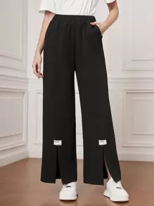 Seusyu 彈性腰帶貼布細節下擺開叉闊腿褲 - 黑色 - 查看 1