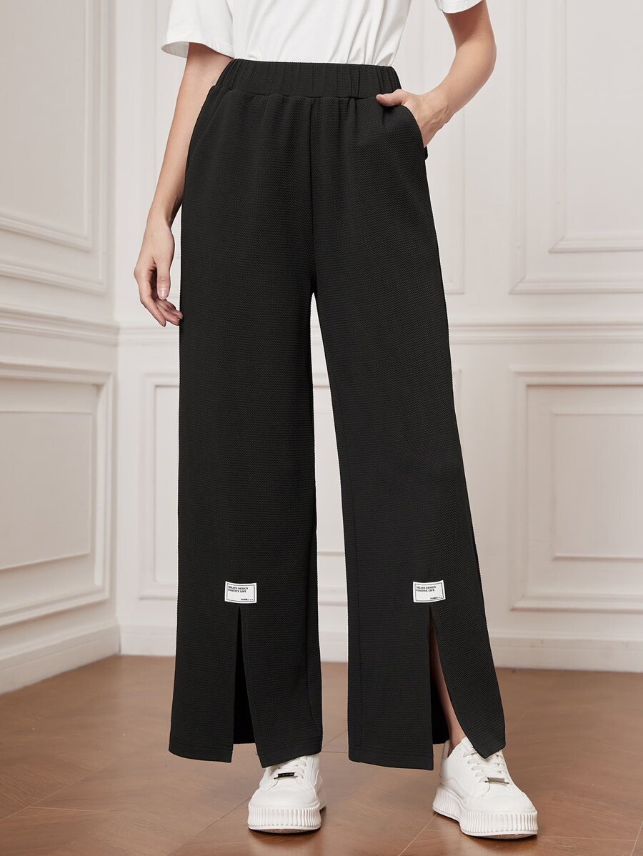 Seusyu 彈性腰帶貼布細節下擺開叉闊腿褲 - 黑色 - 查看 1