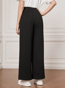 Seusyu 彈性腰帶貼布細節下擺開叉闊腿褲 - 黑色 - 查看 3