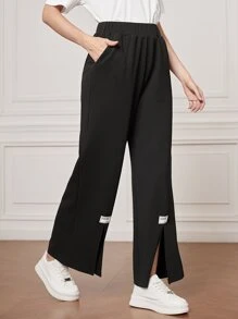Seusyu 彈性腰帶貼布細節下擺開叉闊腿褲 - 黑色 - 查看 4