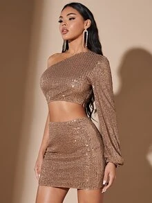 SHEIN BAE 單肩短款亮片上衣和包臀半身裙 - 香檳色 - 查看 4