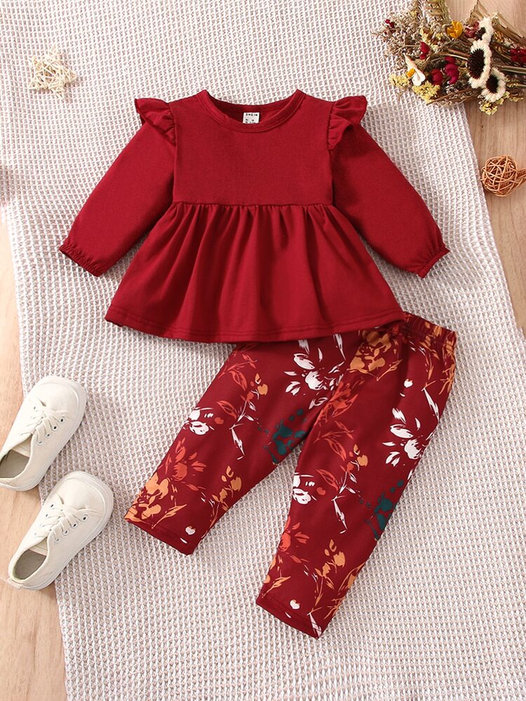 Baby Ruffle Trim Peplum Top & Floral Print Pants - Red - View 1