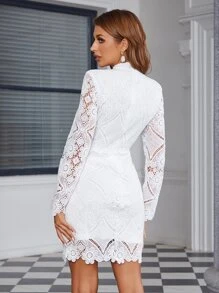 Eilly Bazar Mock Neck Guipure Lace Fitted Dress - White - View 2