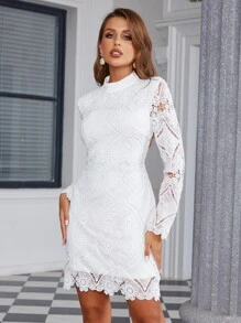 Eilly Bazar Mock Neck Guipure Lace Fitted Dress - White - View 3