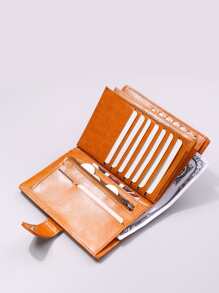 字母壓紋按扣短皮夾信用卡小錢包卡包雙折女士皮夾 - 棕色 - 查看 2