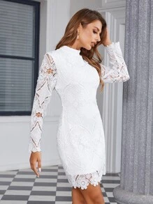 Eilly Bazar Mock Neck Guipure Lace Fitted Dress - White - View 5