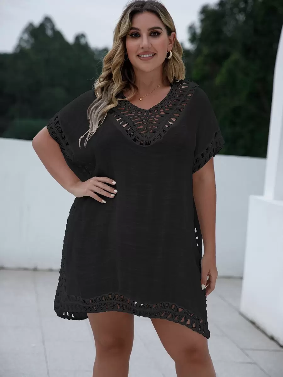Swim Lushoire Plus Size Open Stitch Cover Up Dress Summer - Black - View 1