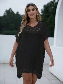 Swim Lushoire Plus Size Open Stitch Cover Up Dress Summer - Black - View 3