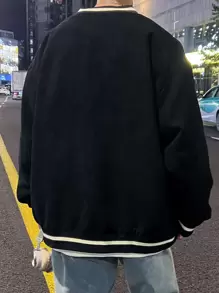 Manfinity Hypemode Loose Fit Men's Letter Print Drop Shoulder Corduroy Varsity Jacket With Striped Trimming, Men Varsity Jacket, Baseball Jacket, Black Varsity Jacket - Black - View 2