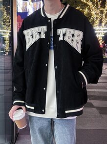 Manfinity Hypemode Loose Fit Men's Letter Print Drop Shoulder Corduroy Varsity Jacket With Striped Trimming, Men Varsity Jacket, Baseball Jacket, Black Varsity Jacket - Black - View 3