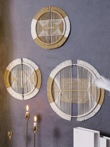 3 件波西米亚风格壁篮装饰藤条壁挂装饰扁平圆形挂毯编织挂毯壁艺编织圆形壁饰篮适用于家庭卧室客厅装饰、家居装饰、房间装饰、墙面装饰 - 彩色 - 查看 3