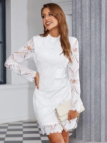 Eilly Bazar Mock Neck Guipure Lace Fitted Dress - White - View 6