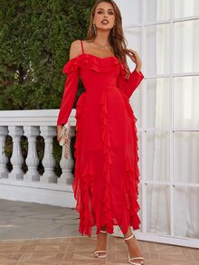 Eilly Bazar 挖肩荷葉邊連衣裙 - 紅色 - 查看 5