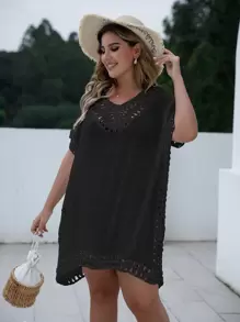 Swim Lushoire Plus Size Open Stitch Cover Up Dress Summer - Black - View 4