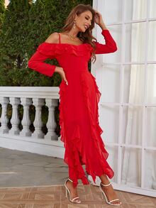 Eilly Bazar 挖肩荷葉邊連衣裙 - 紅色 - 查看 6