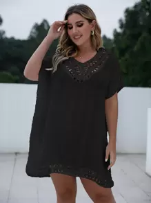 Swim Lushoire Plus Size Open Stitch Cover Up Dress Summer - Black - View 6