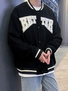 Manfinity Hypemode Loose Fit Men's Letter Print Drop Shoulder Corduroy Varsity Jacket With Striped Trimming, Men Varsity Jacket, Baseball Jacket, Black Varsity Jacket - Black - View 5