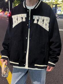 Manfinity Hypemode Loose Fit Men's Letter Print Drop Shoulder Corduroy Varsity Jacket With Striped Trimming, Men Varsity Jacket, Baseball Jacket, Black Varsity Jacket - Black - View 6