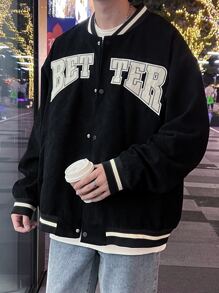 Manfinity Hypemode Loose Fit Men's Letter Print Drop Shoulder Corduroy Varsity Jacket With Striped Trimming, Men Varsity Jacket, Baseball Jacket, Black Varsity Jacket - Black - View 7