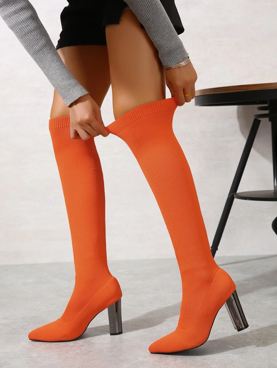 Chunky Heeled Sock Boots - Orange - View 1
