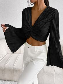 Firerie Black Twist Front Flounce Sleeve Plisse Crop Top - Black - View 3