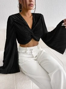 Firerie Black Twist Front Flounce Sleeve Plisse Crop Top - Black - View 4